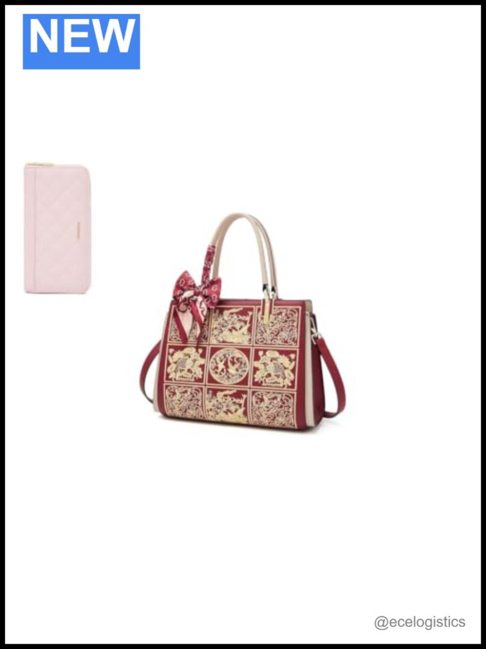 Medium Tote Bag with Leather Wallet, Embroidery Design